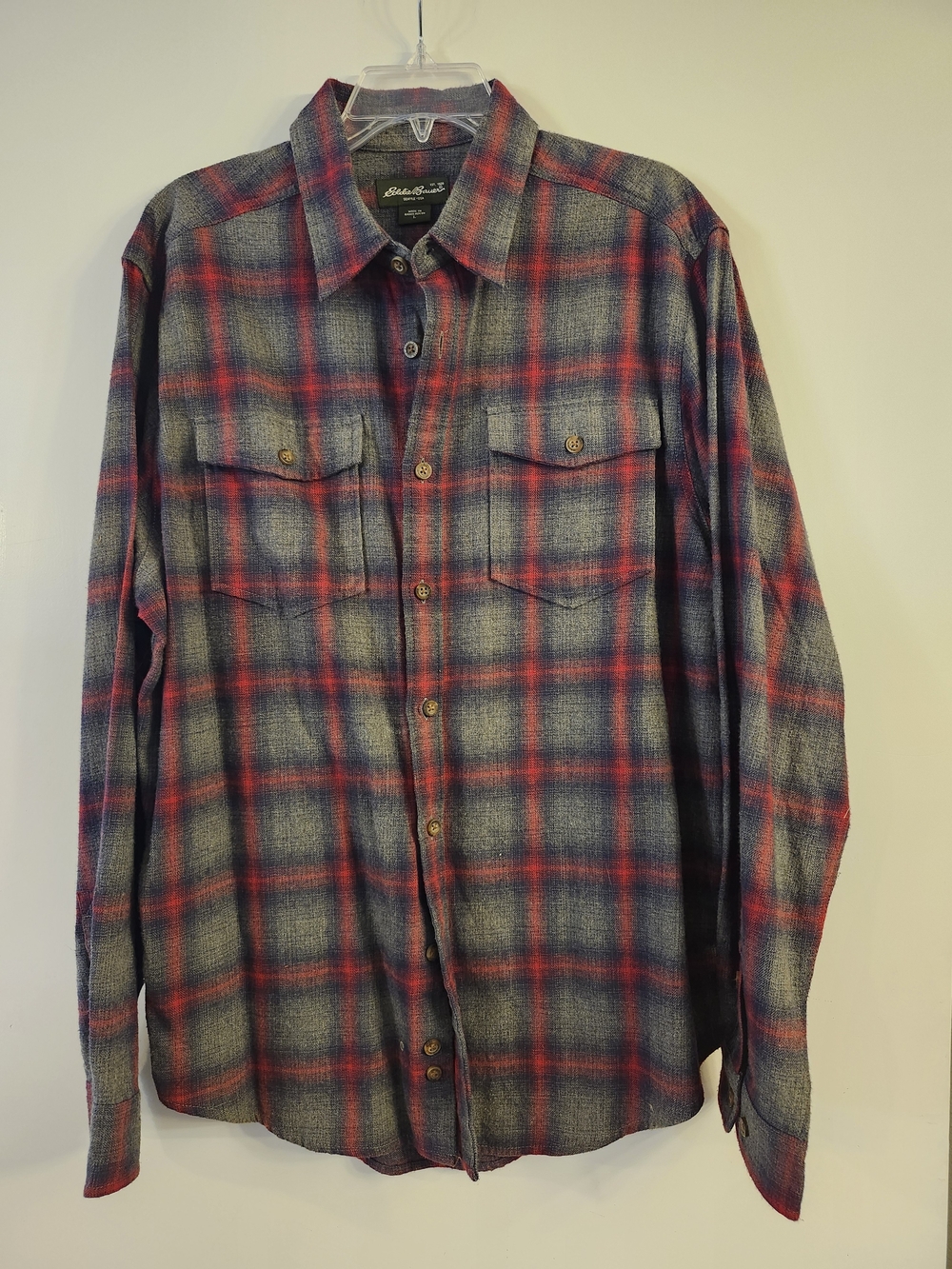 Eddie Bauer Navy and Red Plaid 100% Cotton Button Down